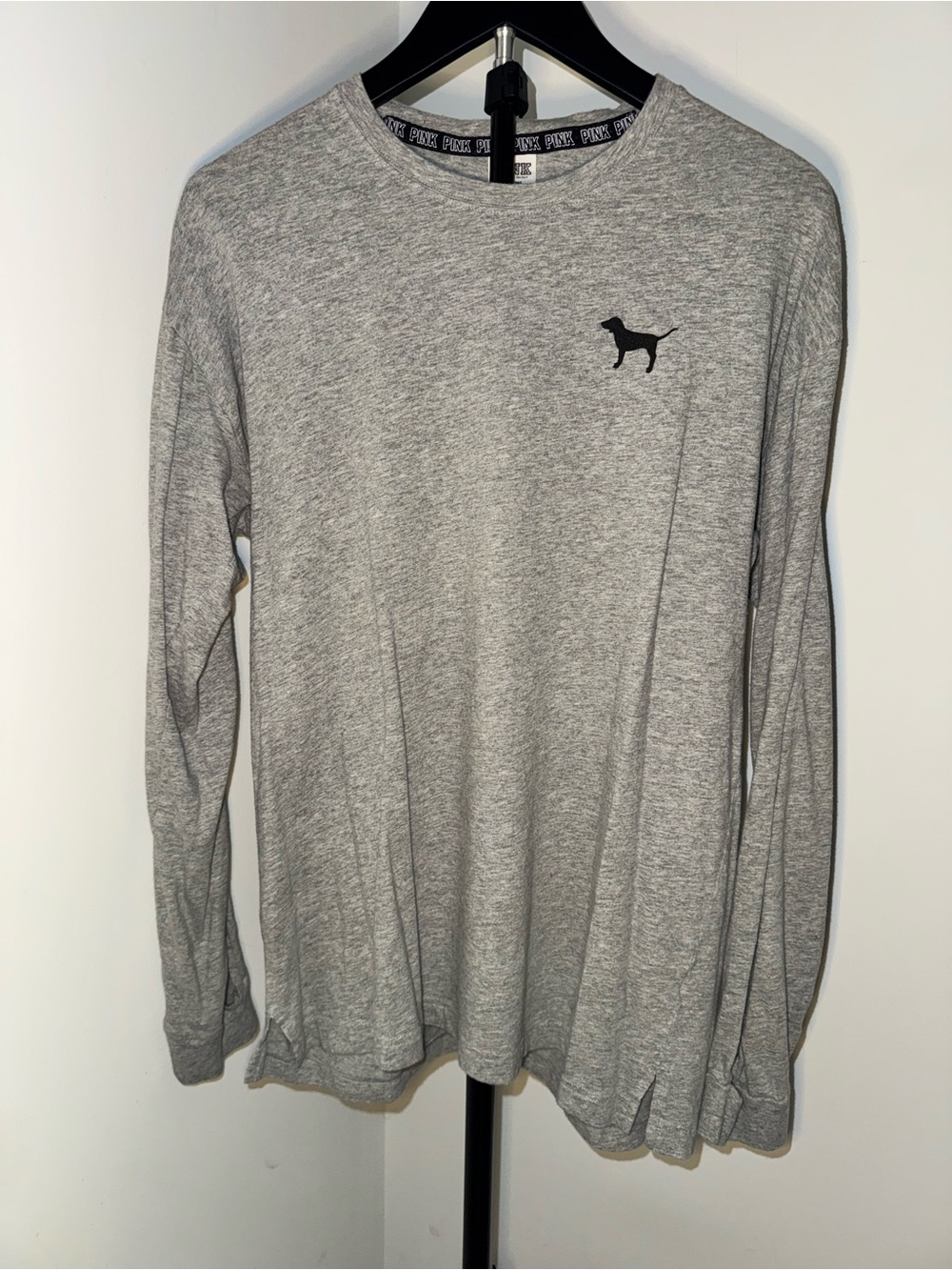 Victoria's Secret PINK Women’s Long Sleeve Crew - Heather Gray with Black Logo
